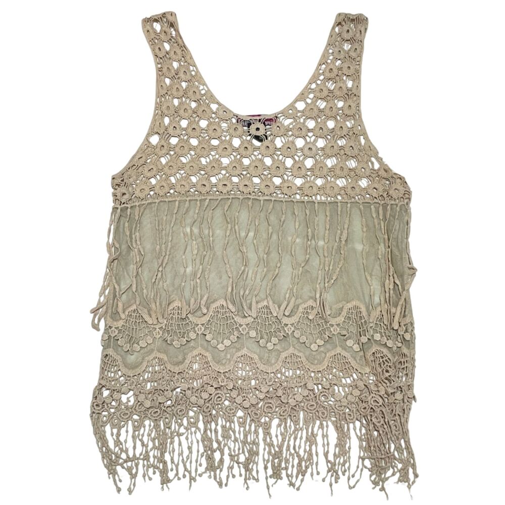 Boho Beige Crochet Open Knit Fringe Tank Top Small - Picture 2 of 5